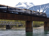 Westbound Rocky Mountaineer is crossing the Columbia River in Revelstoke.