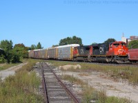 CN 148 approaches Brantford on the South track with CN 8869 leading.