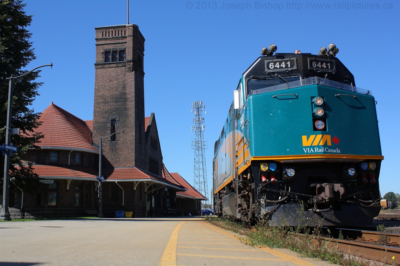 Via 72 making its station stop alongside the Brantford station.