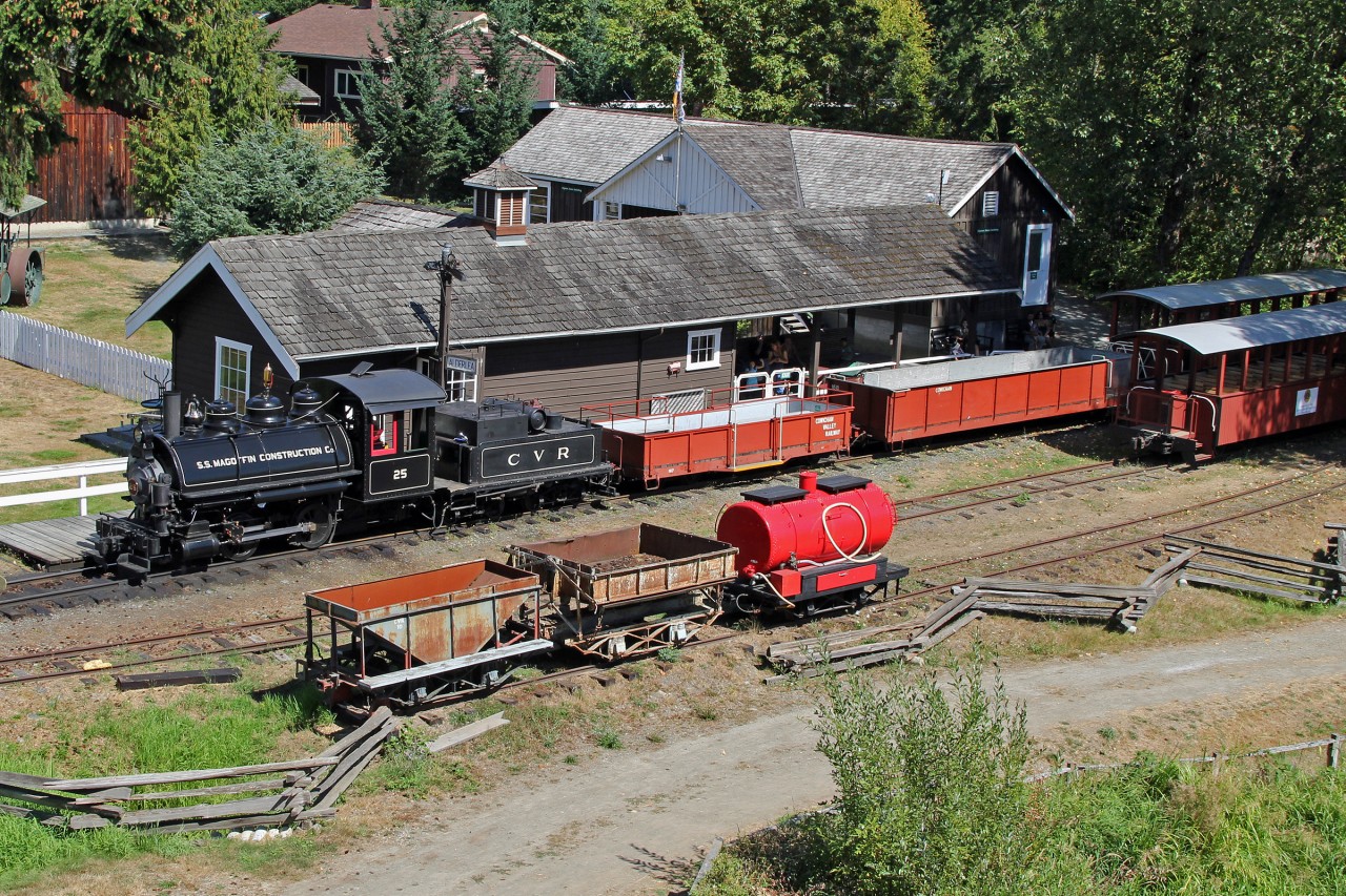 Aerial view of the station area.  Not quite! photo taken from the fire lookout tower, which happens to give a good "lookout" over the station area.  1910 built 36" gauge Vulcan Locomotive Works Class C-6, 0-4-0 ST #25 sits with her train waiting the next run.