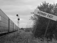 A nice black & white shot of autorackers flying by and the old "Hornby East" sign.