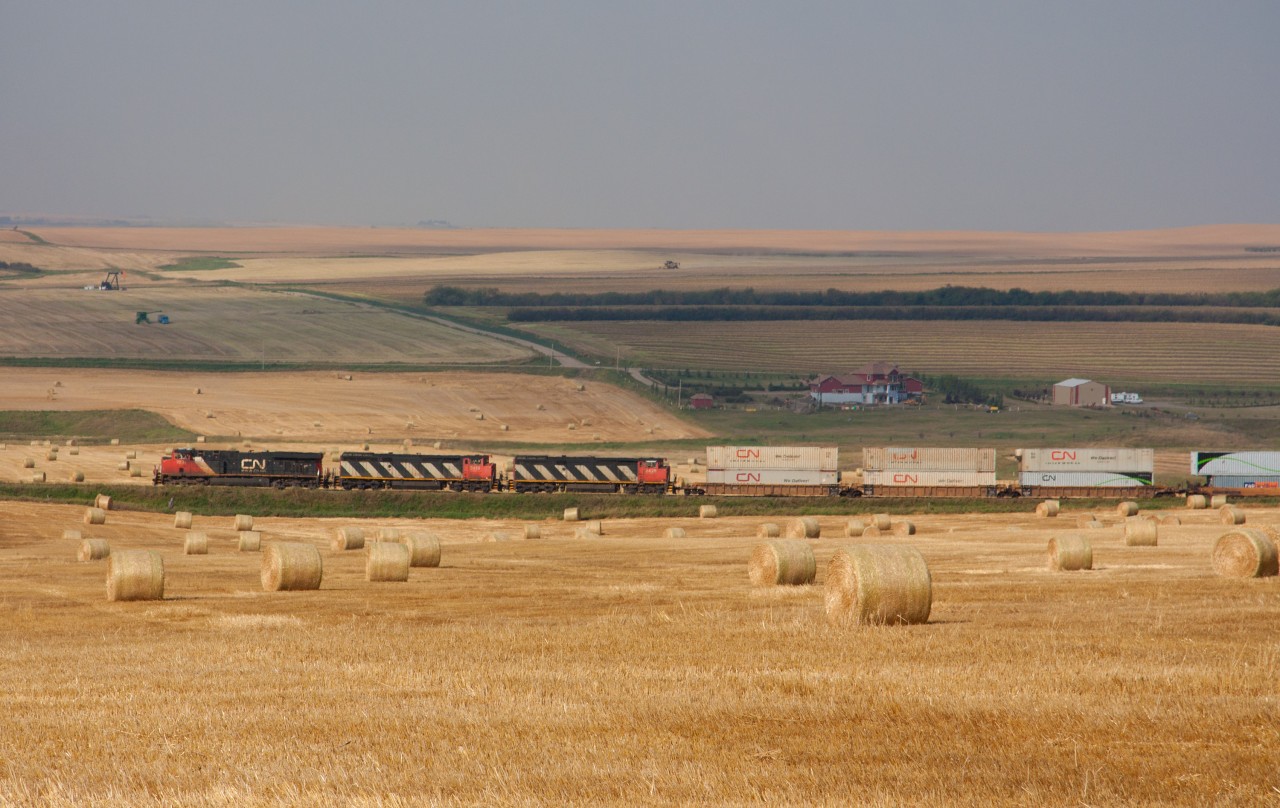Wheat fields as far as the eye can see. CN 2231 leads a very long train 115 towards Calgary with all intermodal cars. Doesn't get much more Alberta than this, farms, wheat, bales, combines and oil derrick in the distance.