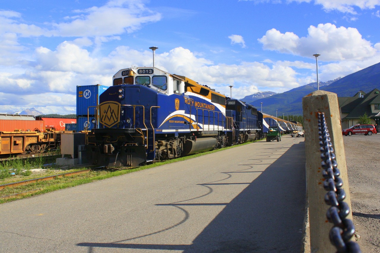The Rocky sits at Jasper station on a very warm sunny summer day
