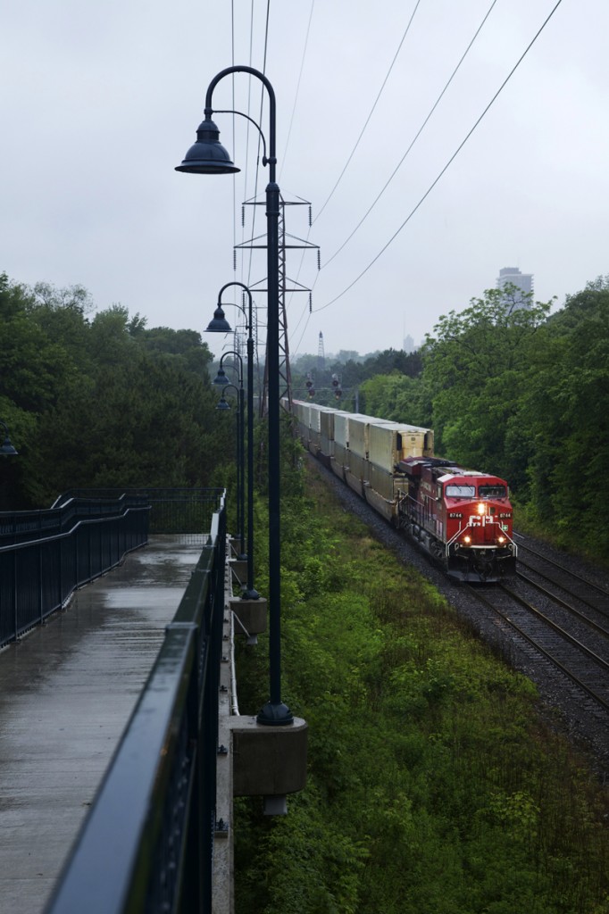 A CP intermodal heads east at Rosedale in some damp conditions.