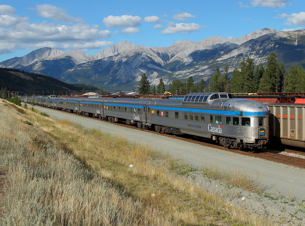 The Tremblant Park car brings up the markers on the eastbound Canadian as it departs Jasper. Nothing like seeing a classic stainless steel passenger consist complete with vista domes and a rear observation car.