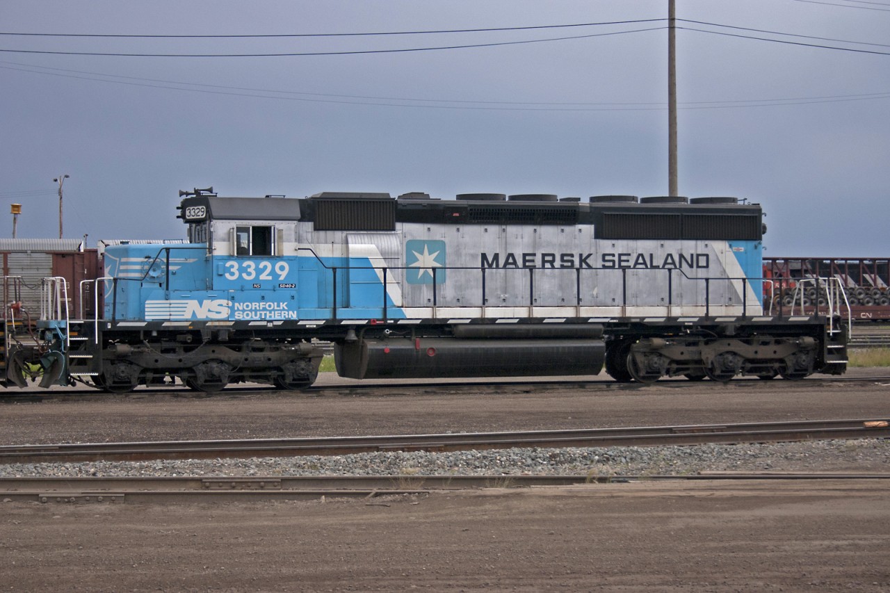 Far from home, NS SD40-2 #3329 pays a visit to Edmonton. Thsi unit was painted for a promo shoot for Maersk Sealand and ended up running around for a few months before returing to the paint shop.