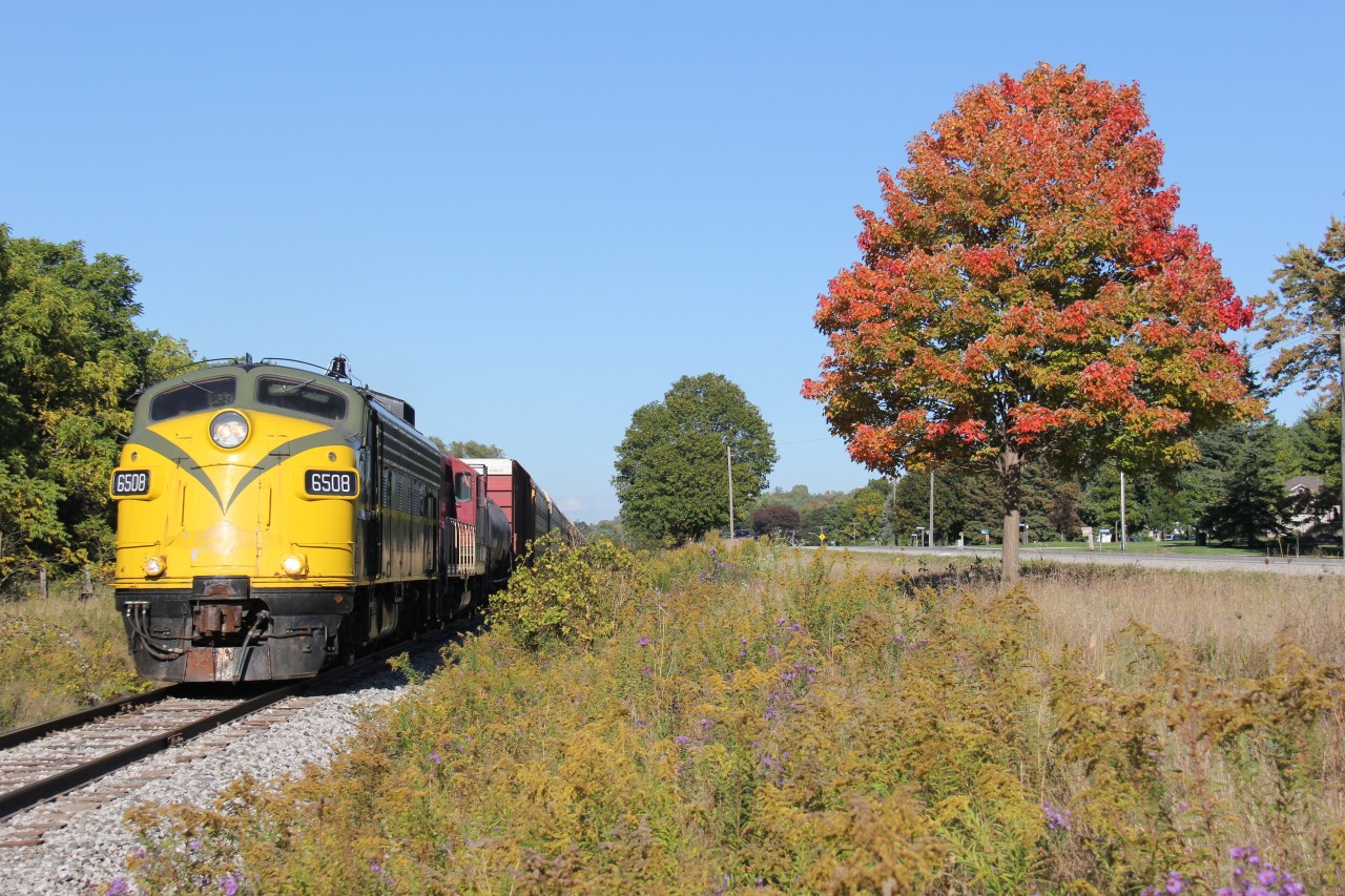 OSRX 6508 leads a decent-sized string of train cars for Ingersoll. Here it is running at a good speed between Woodstock and Beachville on the CP St. Thomas Sub and passed a tree signalling the early signs of autumn.