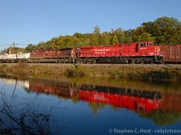 A contrast in AC4400CW paint schemes - CP Train 241-28 - led by freshly painted 9620 with "Golden Rodent" 9588 trailing is westbound on the north track of the Galt Subdivision. On the south track, Train 247, who basically spent 8 hours doubling the hill from Hamilton with 8000' of train and ran out of time - has a fresh crew and is again, doubling back onto their train at Guelph Junction before proceeding east. Even stranger still, the RTC instructed 247 and a waiting 246 (back at Hornby) they would be swapping crews at Hornby - while this 241 and a 143 whizzed by on the north track getting the heck away from that mess. Strange days indeed on the Canadian Pacific Railway.