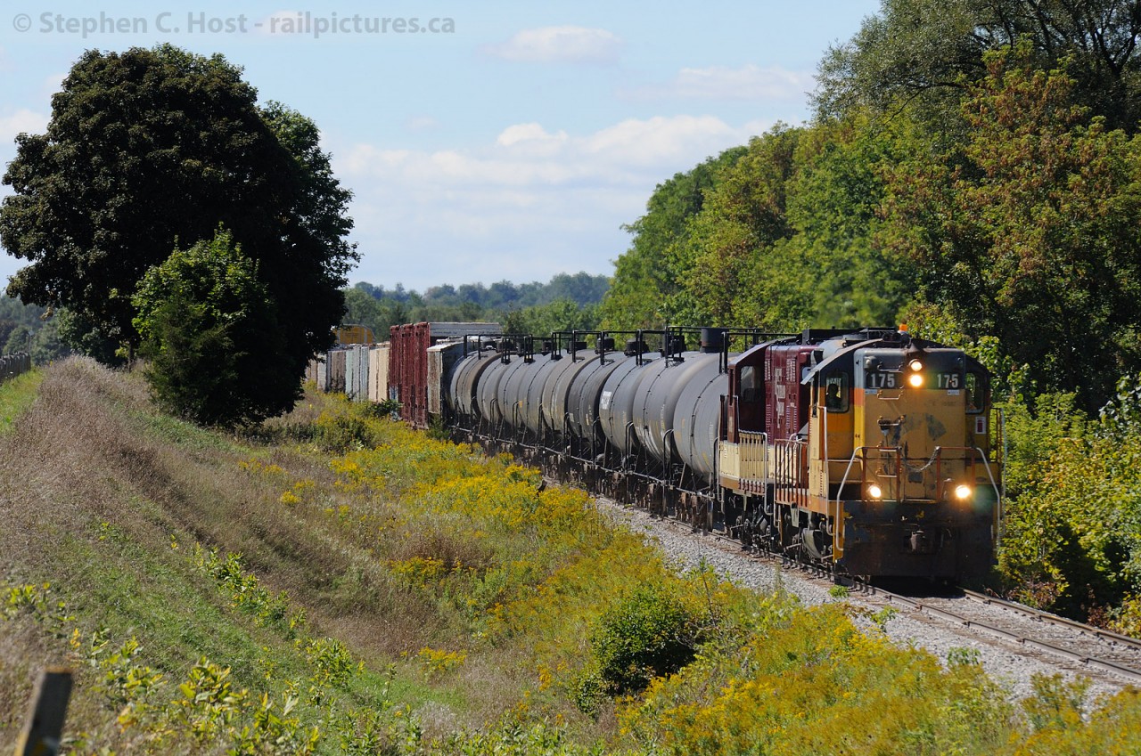 Chessie system lives!.. albeit very faded, as unrebuilt, unmodified GP9 175 and GP7 378, both sporting unchopped hoods (as nature, uhh, EMD intended) haul over 50 cars to the CPR interchange yard at Woodstock Ontario.I was quite glad the F units weren't on the train today, froth levels were low to non existent ;)