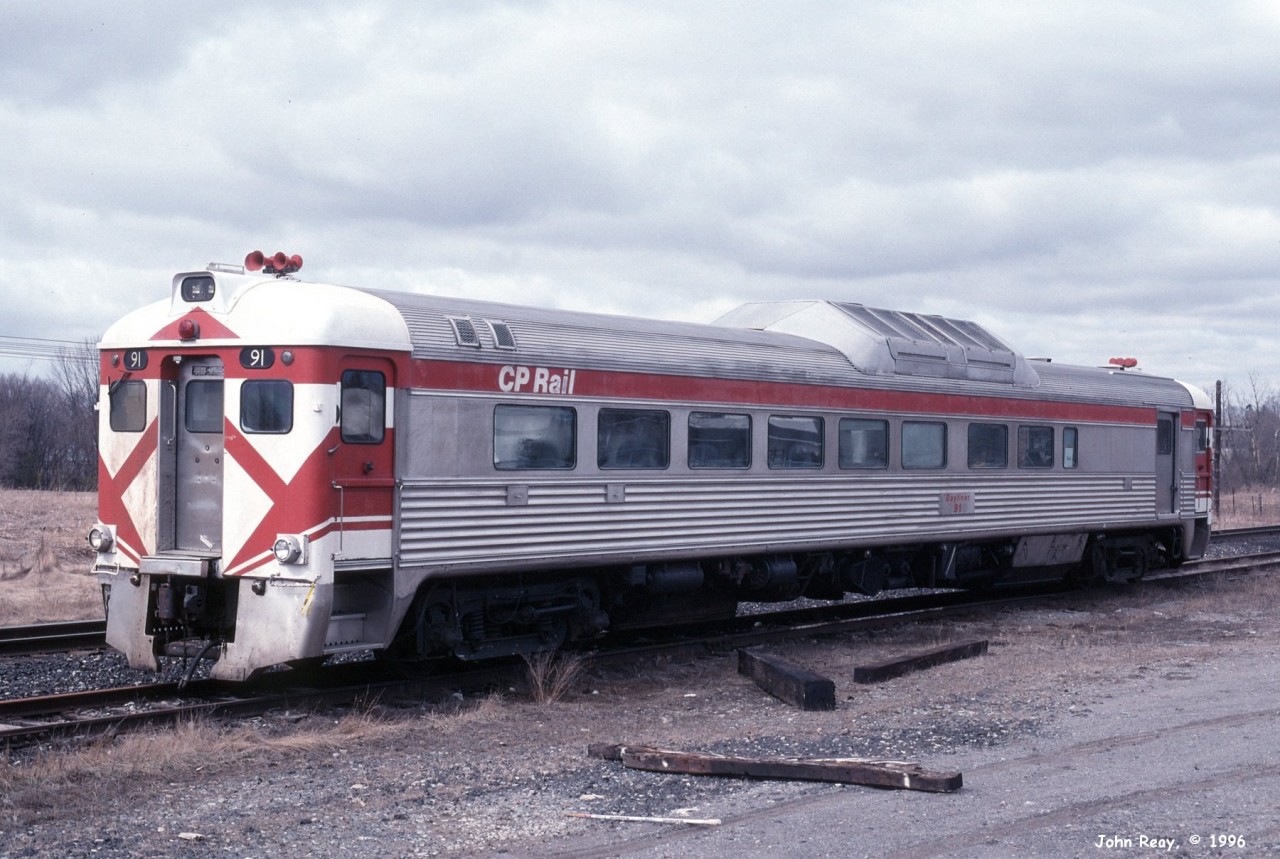 This CP Budd RDC was in maintenance of way service when I photographed parked on the now lifted Bowmanville team track. The location is just west of the Bowmanville Creek bridge, almost exactly where the defect detector is located (MP 164.5)