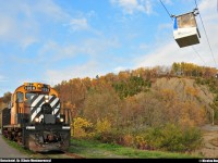 Under the cable car, TTC #622 is preparing for the departure for another day on the Charlevoix Subdivision (ex-CN Murray Bay Subdivision).