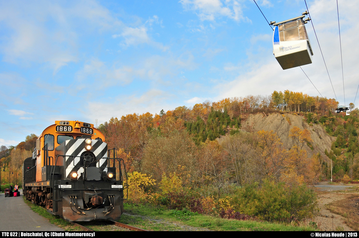 Under the cable car, TTC #622 is preparing for the departure for another day on the Charlevoix Subdivision (ex-CN Murray Bay Subdivision).