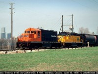 ETR 108, ex-Cartier #59, is out to stretch it's legs after the Essex Terminal maintenance crews did some work to the unit after it's arrival on the property earlier in 1990.  102 is along to assist should 108 have issues.  108 still works hard today on the ETR, but 102 is sidelined currently.  Hopefully business will pick up sufficiently soon they can get 102 repaired and back out working as it should be.

