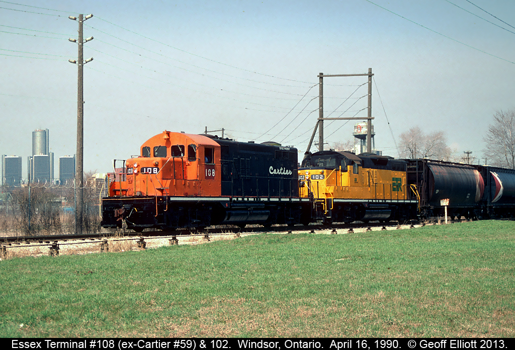 ETR 108, ex-Cartier #59, is out to stretch it's legs after the Essex Terminal maintenance crews did some work to the unit after it's arrival on the property earlier in 1990.  102 is along to assist should 108 have issues.  108 still works hard today on the ETR, but 102 is sidelined currently.  Hopefully business will pick up sufficiently soon they can get 102 repaired and back out working as it should be.