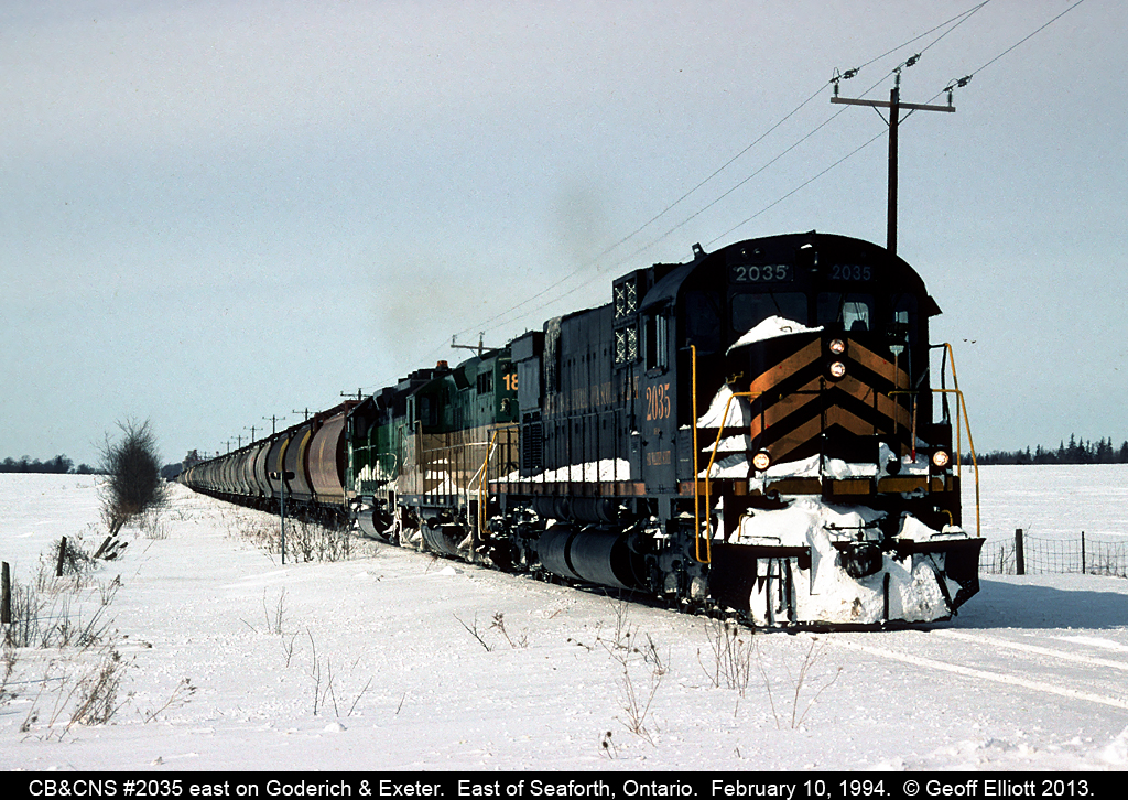 After what seemed like forever standing in the cold CB&CNS #2035 east has finished it's work in Seaforth and is trudging through the snow on it's way to Stratford.