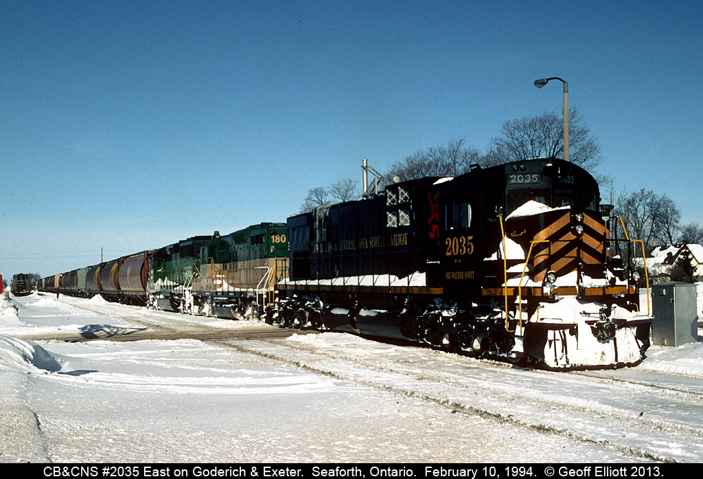 Brakeman makes a joint on the CB&CNS 2035 East as the GEXR Goderich to Stratford train makes a lift in Seaforth, Ontario on a day when the temperature dipped to -37!!