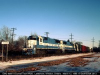Conrail RR20 backs out of CP's yard in Windsor, Ontario sporting a pair Oakway SD60's on this day.  The Oakway's had come in on a Powder River coal train and were laying over at River Rouge yard, so the crew decided that it would be good power for them today.  Non-Conrail power was pretty normal on RR20 with C&NW, UP, BN, Oakway power coming in on the transfer as it was laying over @ River Rouge waiting for coal trains to be unloaded.