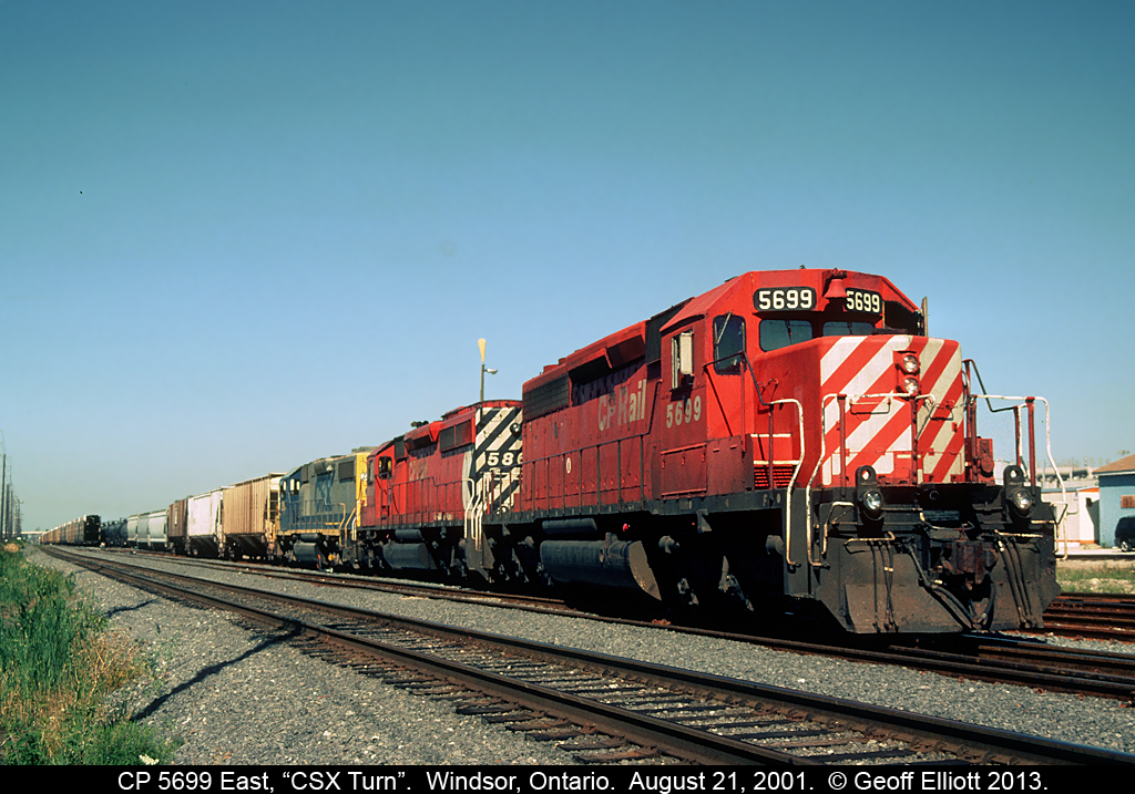 CP 5699 has the honors today as the leader on the "CSX Turn".  5699, it's sister SD40-2, and the CSX GP38-2 will be leaving Windsor shortly to head for Chatham where the crew will exchange trains with the southbound "CSX Turn" out of Sarnia.  Both crews will then return, with new trains in hand, to their respective originating terminals.