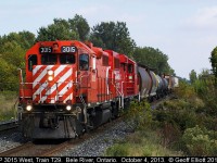 CP 3015 is racing for the finish line in Windsor with the westbound T29 after a long day of switching in the Chatham area.