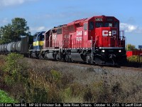 CP SD30C-ECO #5005 leads loaded ethanol train #642 past the easterly "Belle River" mile-board on a beautiful Canadian Thanksgiving Day.