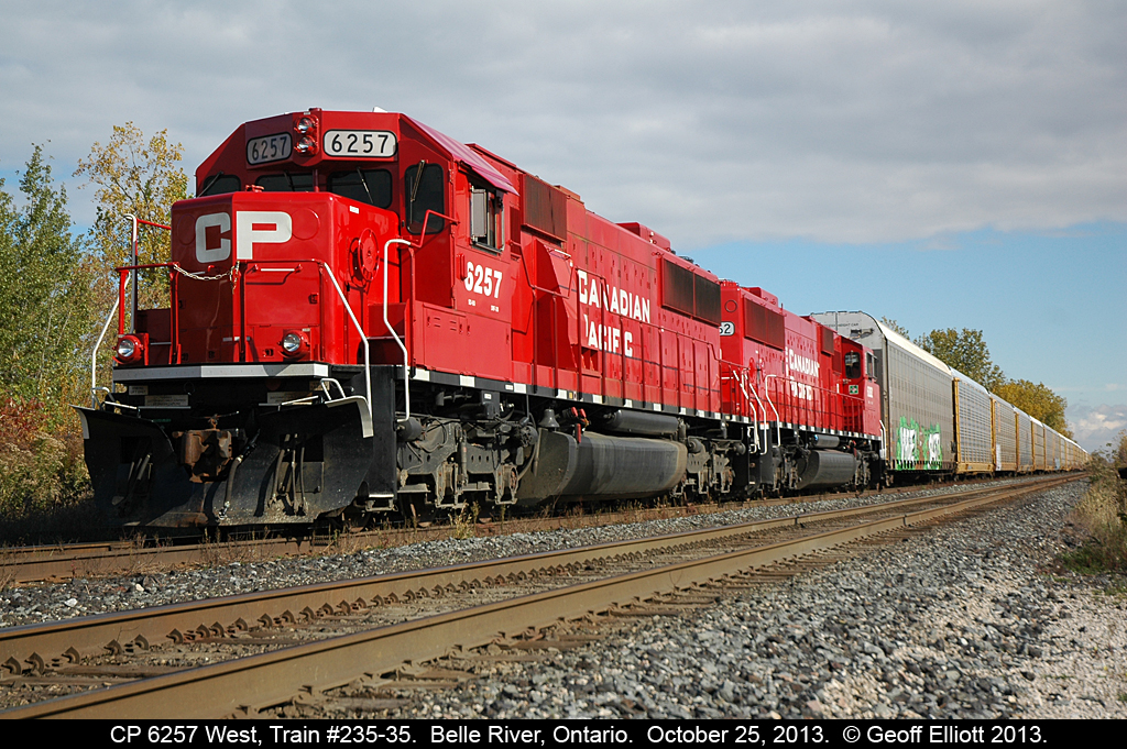 CP 6257 and 6262 made a second trip down the Windsor Subdivision this week on train 235-25.  Here the duo sits in the siding in Belle River waiting on 142 to pass before continuing west to Windsor.