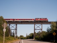 Already well underway at 08:43, the Agawa Canyon Tour Train crosses the impressive trestle over the Bellevue valley.