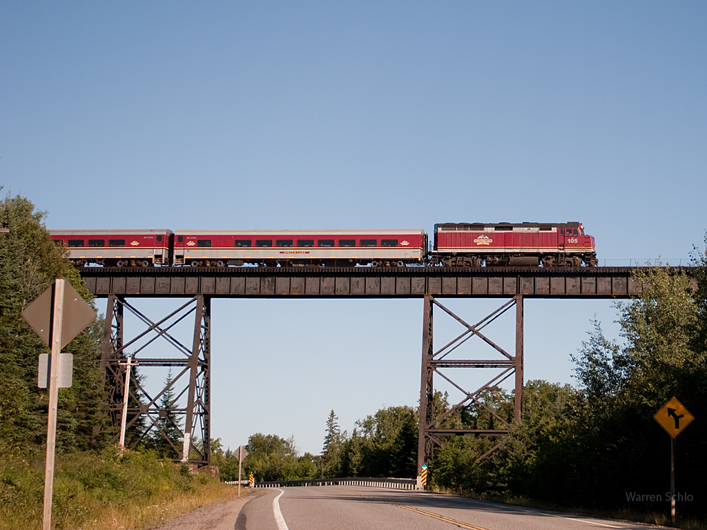 Already well underway at 08:43, the Agawa Canyon Tour Train crosses the impressive trestle over the Bellevue valley.