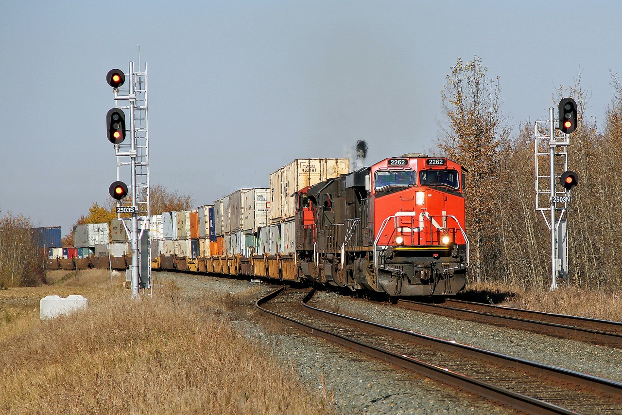ES44DC CN 2262, SD70 IC 1033 and SD70M-2 CN 8864 lead an east bound intermodal past the west switch at Ardrossan.
