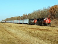 SD70M-2 CN 8886 and SD60F 5511 head an eastbound finished lumber train past North Cooking Lake.