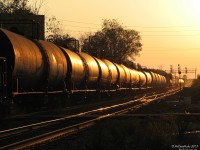 Rolling down the grade to downtown Brampton, CN 398's train of tank cars, grain hoppers, autoracks and general manifest freight bangs incessantly over the Brampton diamond, at the interlocking crossroads of the busy CN Halton Sub and Orangeville Brampton Railway (ex-CP) Owen Sound Spur, that can be seen crossing horizontally in the foreground. <br><br> Echoing and booming around downtown ever since the second rail line was laid in the 1800's by the Credit Valley Railway, the classic frog design diamonds would be replaced with a new type of diamond in a few years (2011): one that let the mainline (CN) remain seamless rail, while a train crossing on the lesser-used line (OBRY) would ride up and over the rail heads via its wheel flanges. No more of that welcoming bang-bang, bang-bang, bang-bang as heavy freights roll through downtown anymore (nor the katink-katink, katink-katink, katink-katink as lighter GO trains passed).