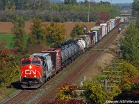CN 2247 and DPU 8002 pour it on as they drag 369 out of the Trent River valley at Trenton, Ontario. The DPU is infront of the excess height boxcar pretty much at the top of the grade. 1343hrs.