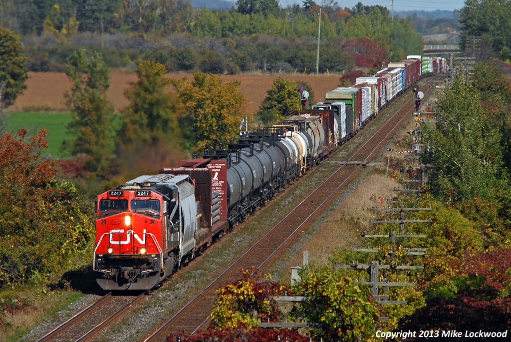 CN 2247 and DPU 8002 pour it on as they drag 369 out of the Trent River valley at Trenton, Ontario. The DPU is infront of the excess height boxcar pretty much at the top of the grade. 1343hrs.