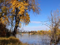 A picture perfect Fall day. A GP9 and slug lead a transfer across the Red River.