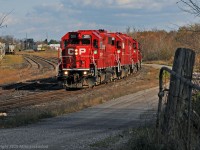 The power for T07 comes out of the 'shop' headed for the west end of the yard, where they will reverse onto their train. Consist is CP 3111, 3038, 3041, and 8223 (Peterboro Switcher's power headed to Agincourt for servicing). 1530hrs.