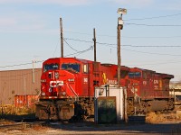 One of those "I'm glad I got this" shots... In a scene no longer possible for a couple of reasons, we find CP 9143 on the Quebec Street shop track with AC4400CW #9705. Not only have the SD90's been parked and put up for sale, but the track that the engines are resting on has recently been removed. Now seldom used, it was not that long ago that finding the London Pickup power, the Ham Turn power, or the yard geeps tied down (often all together) on the shop tracks. The remaining shop track is now primarily used for fueling engines or performing minor mechanical work while in transit.
