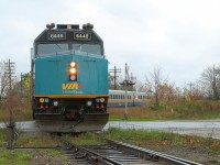 Some rare VIA mileage when VIA 669 wyed it's train on the Guelph N Spur at Guelph. VIA 669, was a special train run from Montreal to Guelph. It had Alouettes fans onboard coming to watch their team play against the Hamilton Tiger-Cats, who has Guelph as their temporary home stadium. 