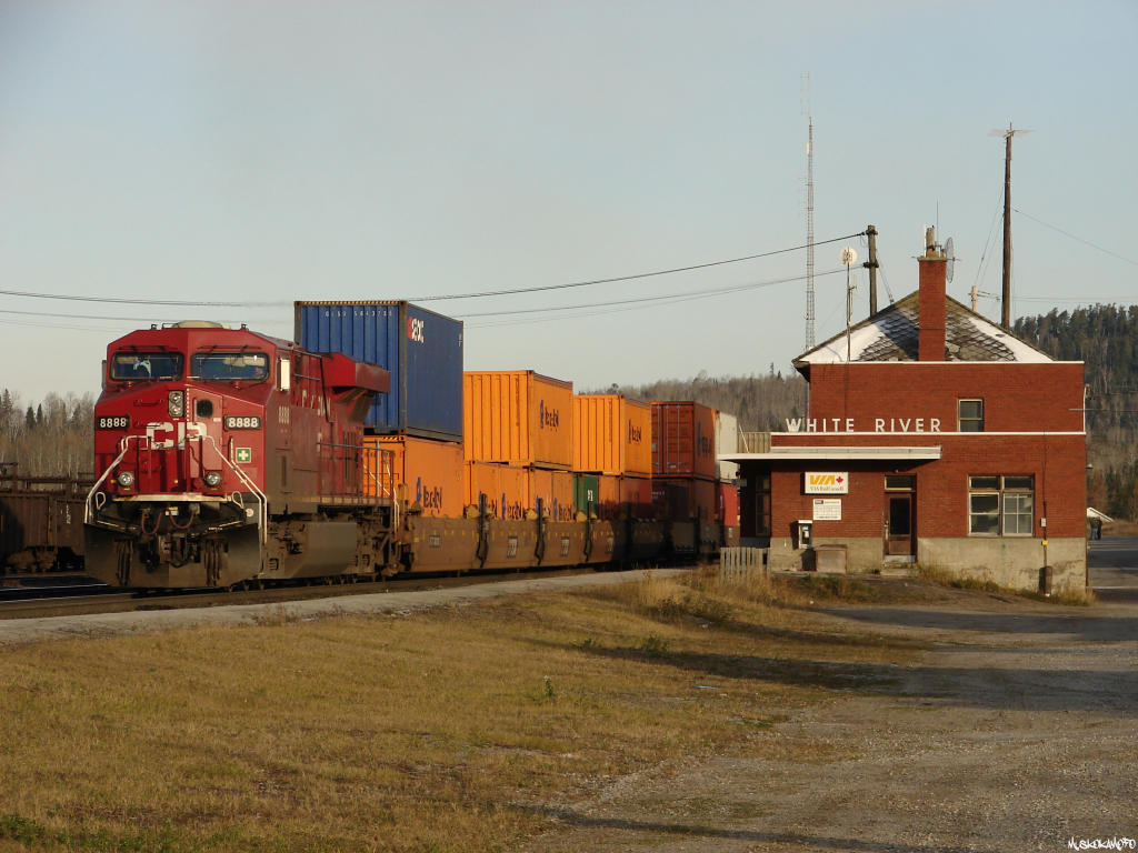 CP 8888 East with train 112-21 arriving on the main at White River for a crew change with a Chapleau crew heading home, during a brisk but beautiful October morning in Northern Ontario.
