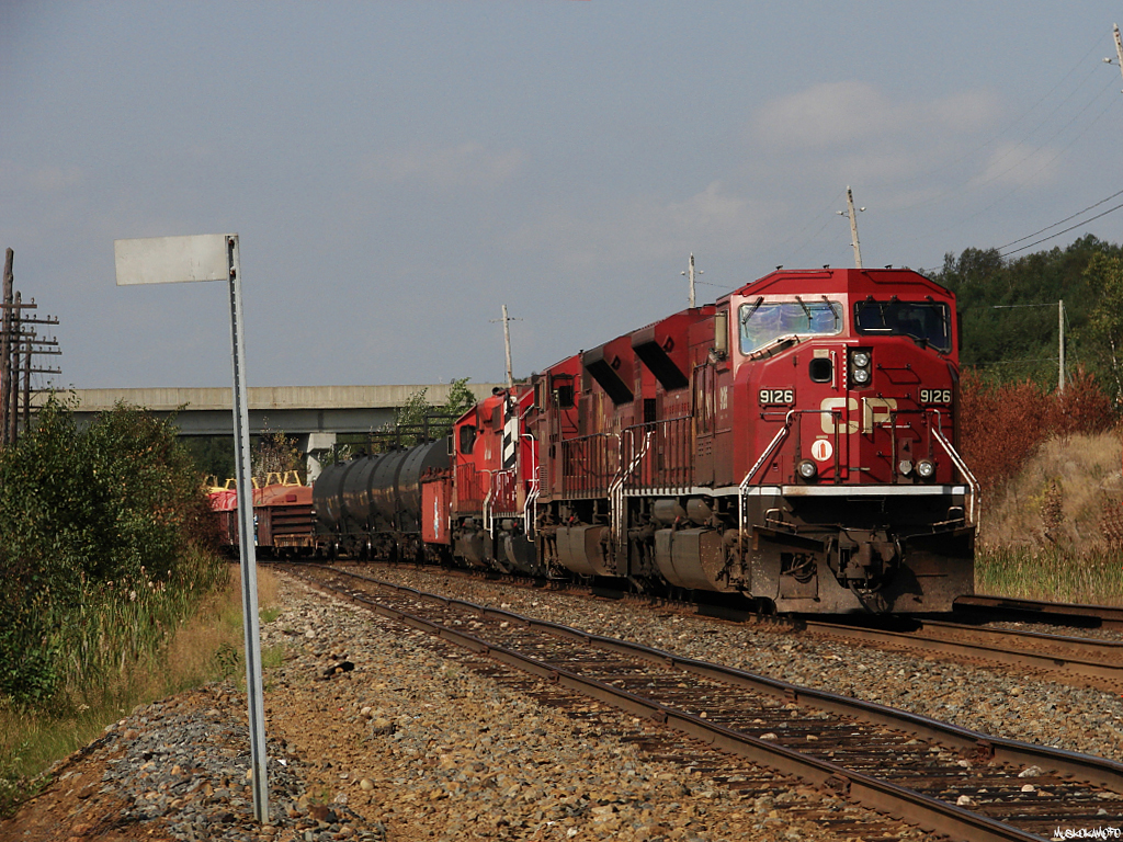 CP 9126 East tied down on the South track at Romford waiting for a relief crew to be taxi'd from Cartier, the train consisting of CP 9126/CP 9131/CP 3075/CP 6002 and 126 cars would spend the rest of the day here finally departing at 15:50 after 111 cleared onto the North track.