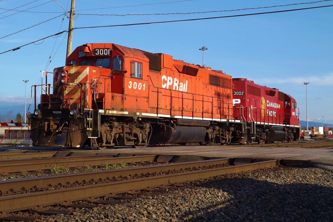 CP GP38ACs 3001 & 3002 switch the container yard in Pitt Meadows. Since this photo was taken 3001 has been rebuilt by progress rail.