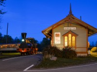 <b>Barrington Station at dusk.</b> Just after sunset we see the 'John Molson' steam engine and a streetcar (STM 1959) at Hays Station. This was part of the 'Illuminated Trains' night shoot at Exporail. For more train photos, check out http://www.flickr.com/photos/mtlwestrailfan/ 