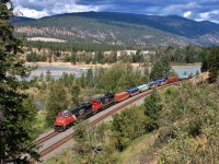 CN nos.2232&2102 are running alongside the North Thompson River just south of McLure and are headed for Kamloops with an Intermodal.