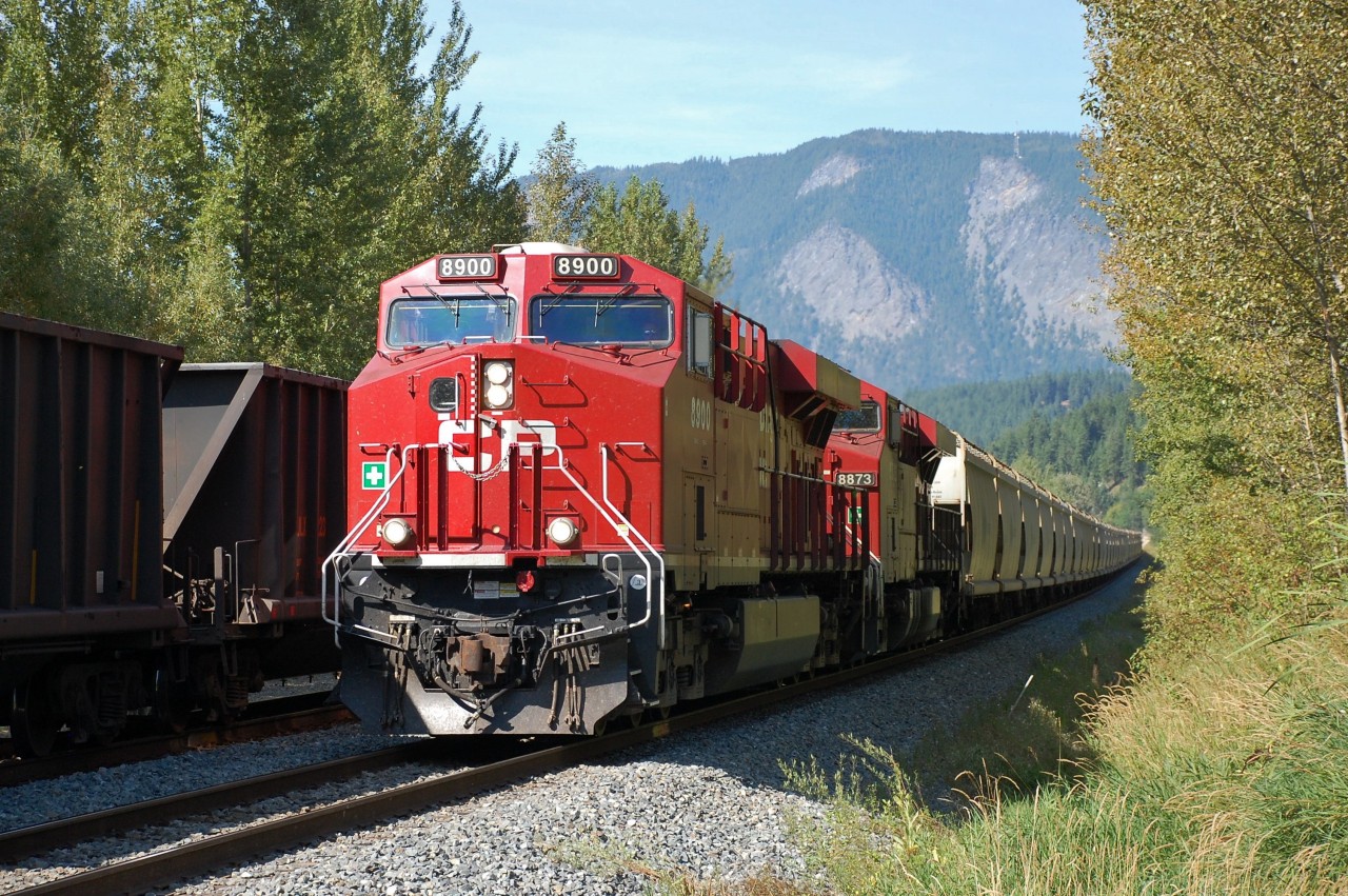 CP nos.8900&8873 are heading west through Salmon Arm with a load of potash.