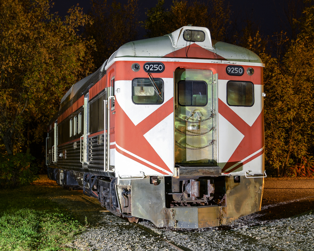 CP 9250 (Budd RDC-4) is caught at night as part of the special night shoot entitled 'Illuminated Trains' at The Canadian Railway Museum. It is just outside the entrance of the Angus pavillion. For more train photos, check out http://www.flickr.com/photos/mtlwestrailfan/