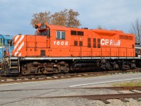 <b>Freshly donated.</b> CP 1608 (nee CP 8611) has been donated to Exporail and was dropped off by CP this afternoon at the museum. Here it is seen during a brief period of sunlight. Later it would take a spin on the turntable on the way to entering Exporail's 2-stall enginehouse. This is the second GP9 to join Exporail's collection; AMT 1311 (nee CN 4307) was donated by the AMT a couple of years back. For more train photos, check out http://www.flickr.com/photos/mtlwestrailfan/ 