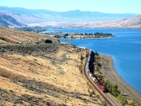 Looking westwards towards Savona and the Thompson Valley as CP nos.9352&9823 bring an empty grain train alongside Kamloops Lake. A CN train can be seen heading west on the other side of the lake(upper right).