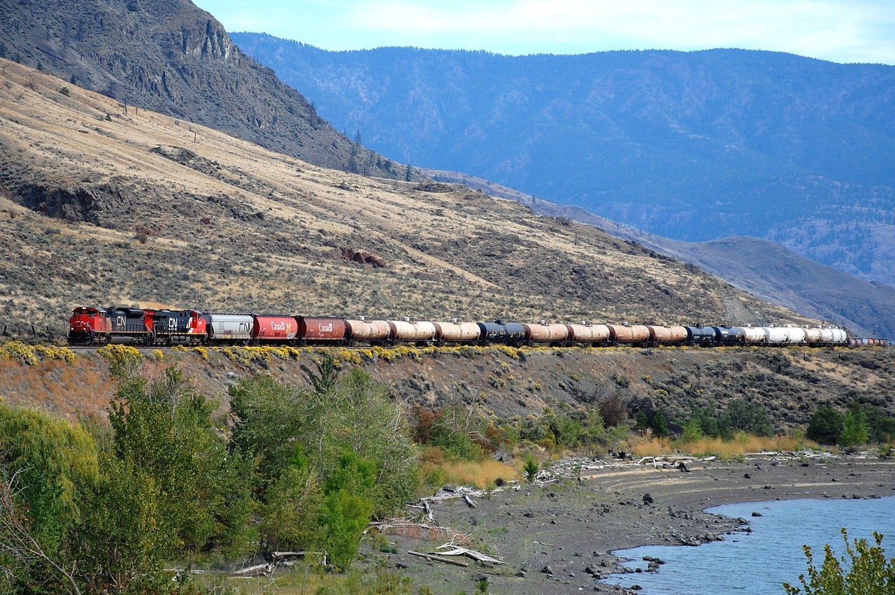 CN nos.8006&2325 are approaching Savona on the Ashcroft sub. with a westbound mixed freight.