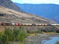 CN nos.8006&2325 are approaching Savona on the Ashcroft sub. with a westbound mixed freight.