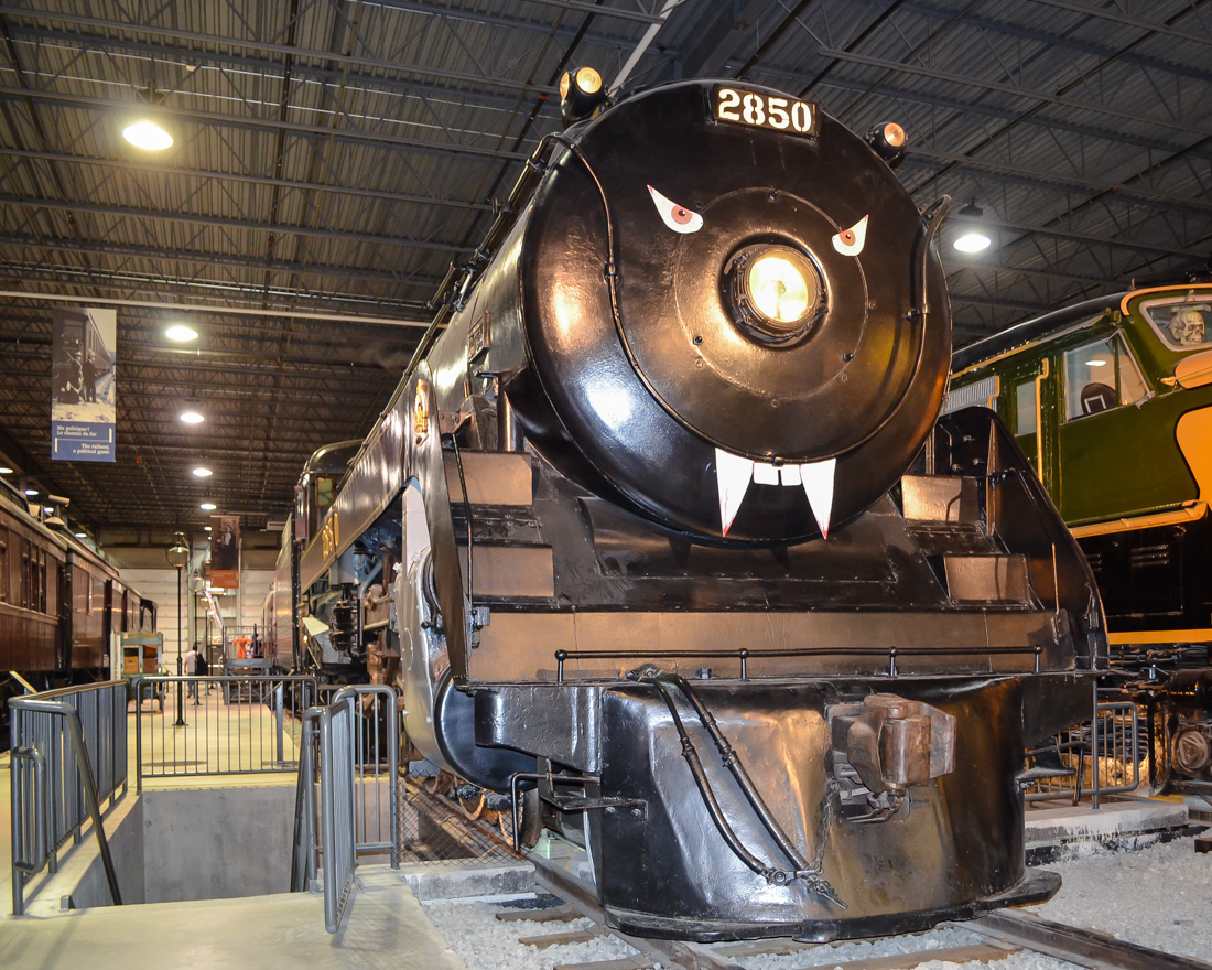 Halloween at Exporail - Part 2! CP 2850 and a number of other exhibits at Exporail have been decorated for Halloween. Check out the skull in the cab of CN 6765 to the right! For more train photos, check out http://www.flickr.com/photos/mtlwestrailfan/