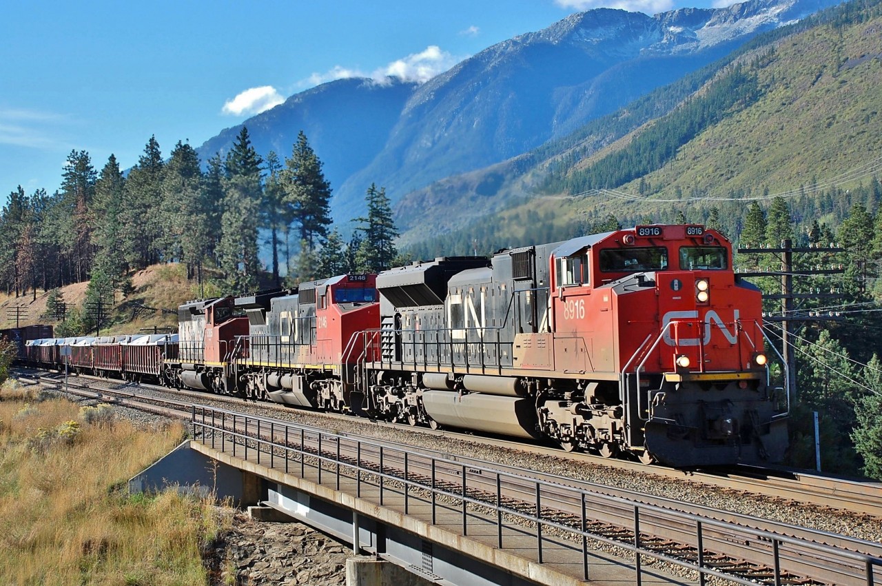 CN nos.8916,2146&5305 are crossing over Main St. @Lytton with an eastbound mixed freight. Another example of CN travelling on CP tracks or vice versa.