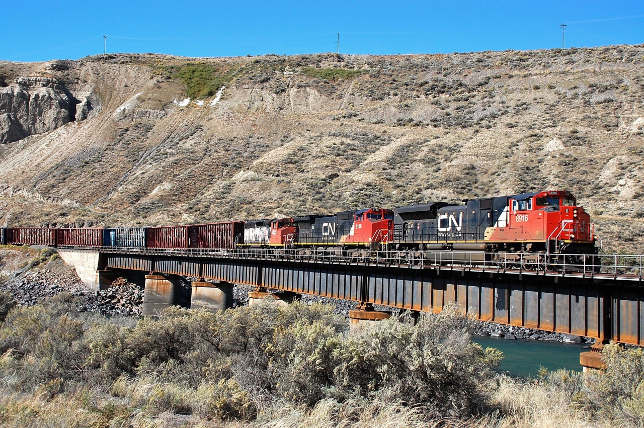 CN nos.8916,2146&5305 are crossing the Thompson River just east of Ashcroft with an eastbound mixed freight.